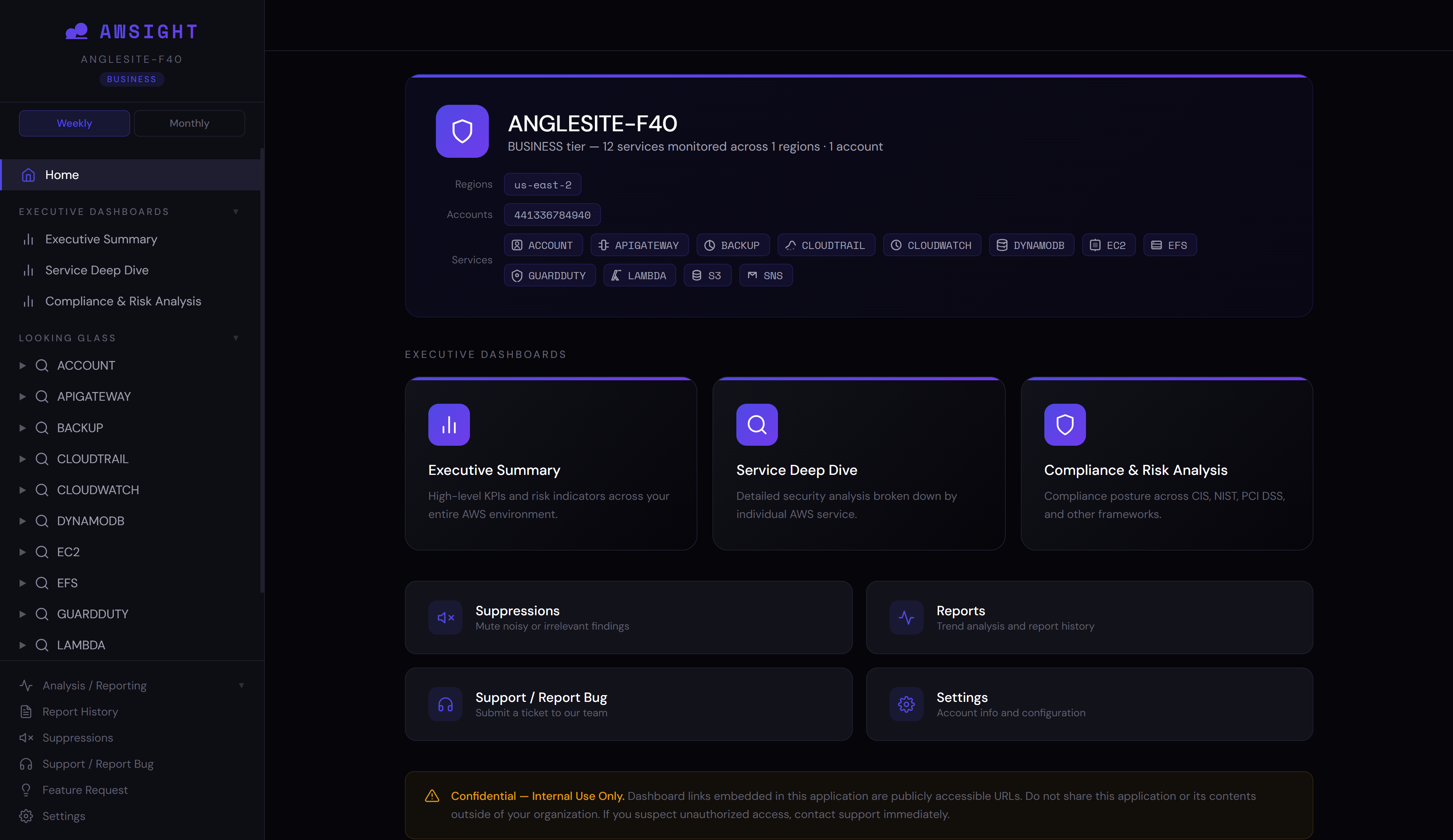 AWSight client app home screen showing AWS account overview, monitored services, and navigation to executive dashboards, compliance analysis, and service deep dives